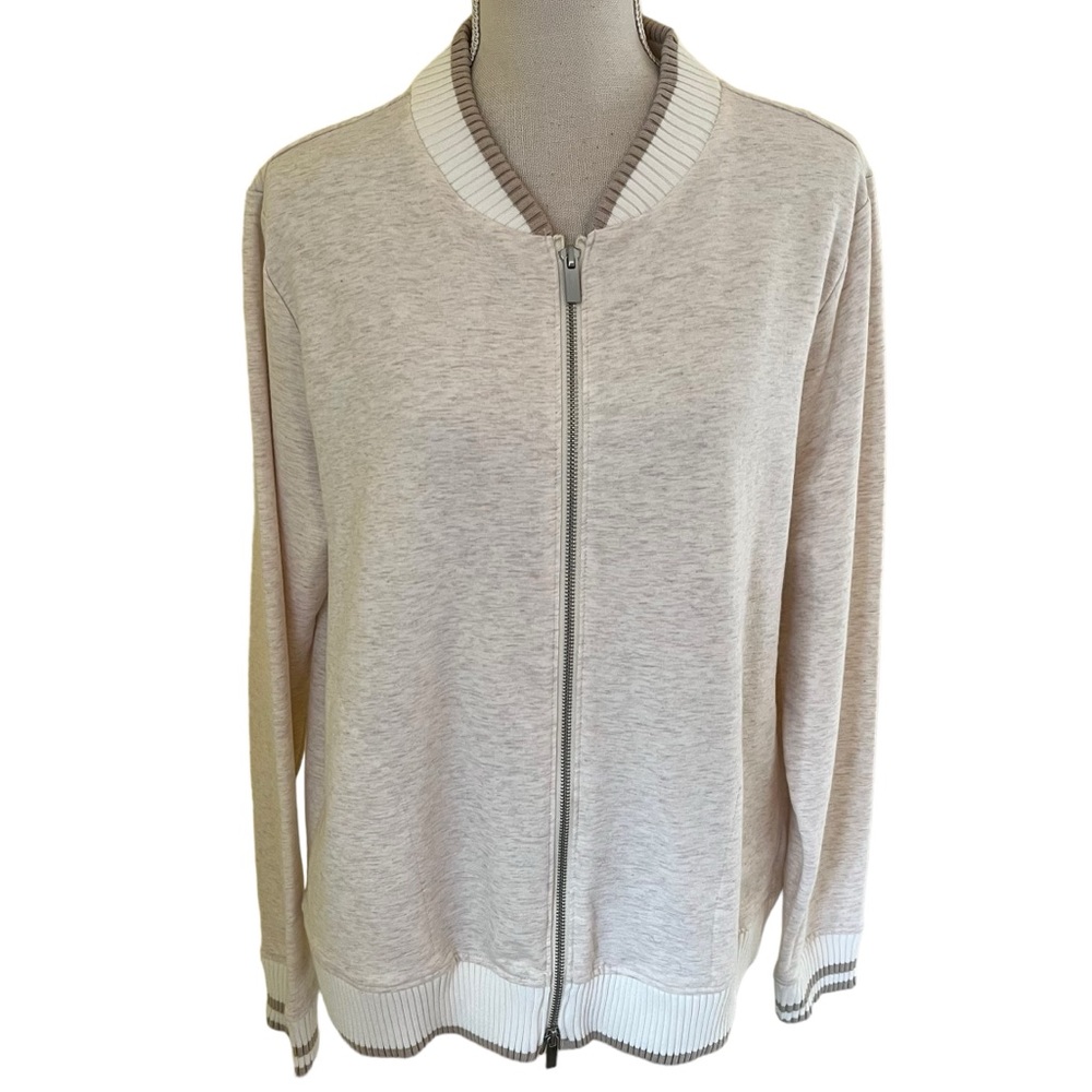 Lands' End Tan/Cream Front Zip Tipped Detail Sweatshirt Bomber Jacket XL